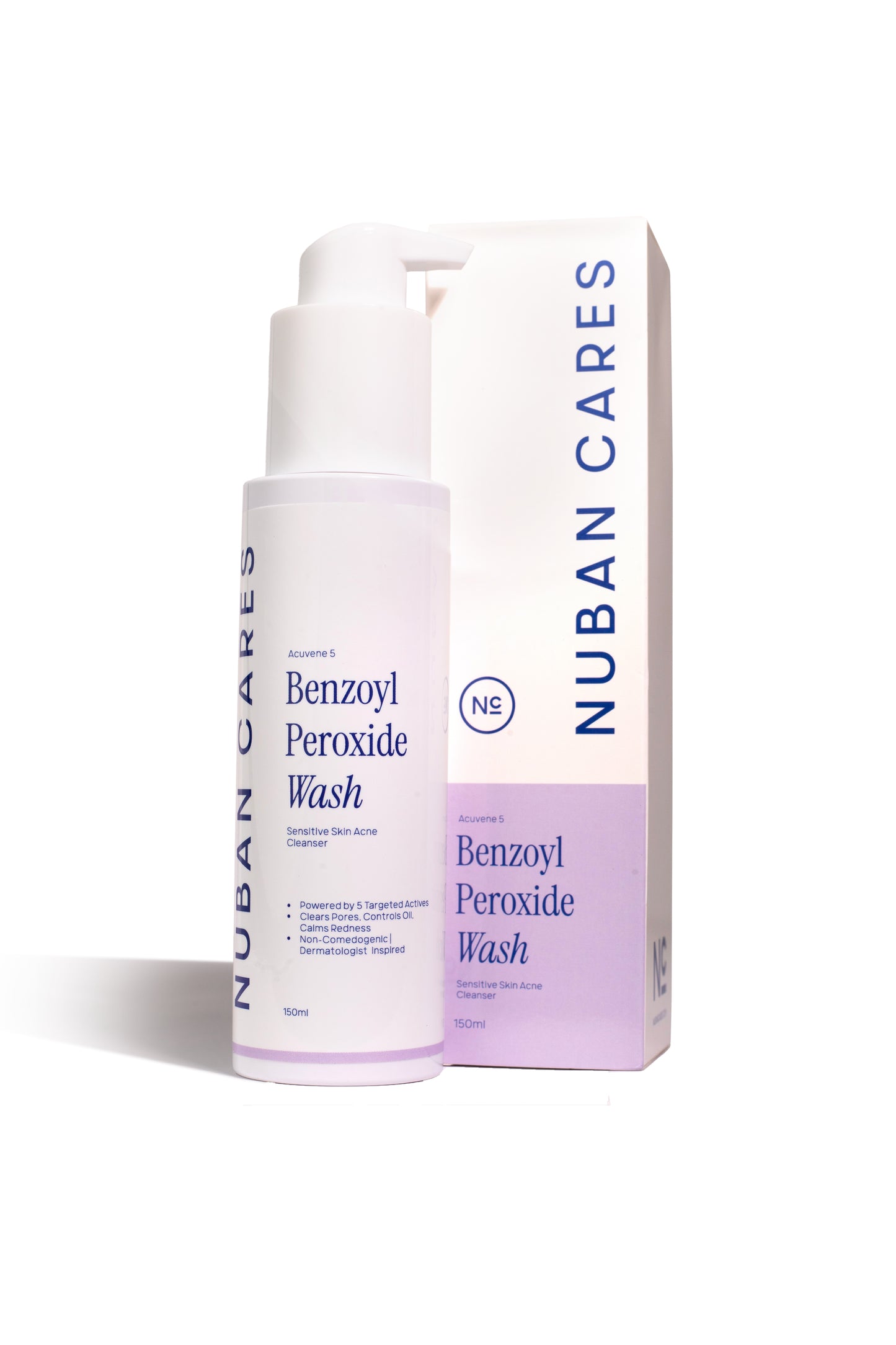 Nuban Cares Benzoyl Peroxide Wash bottle and packaging on a white background - acne cleanser for sensitive skin with benzoyl peroxide and sulfur.