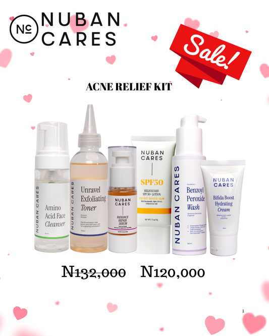 Nuban Cares acne relief kit with products and sale label on a white background