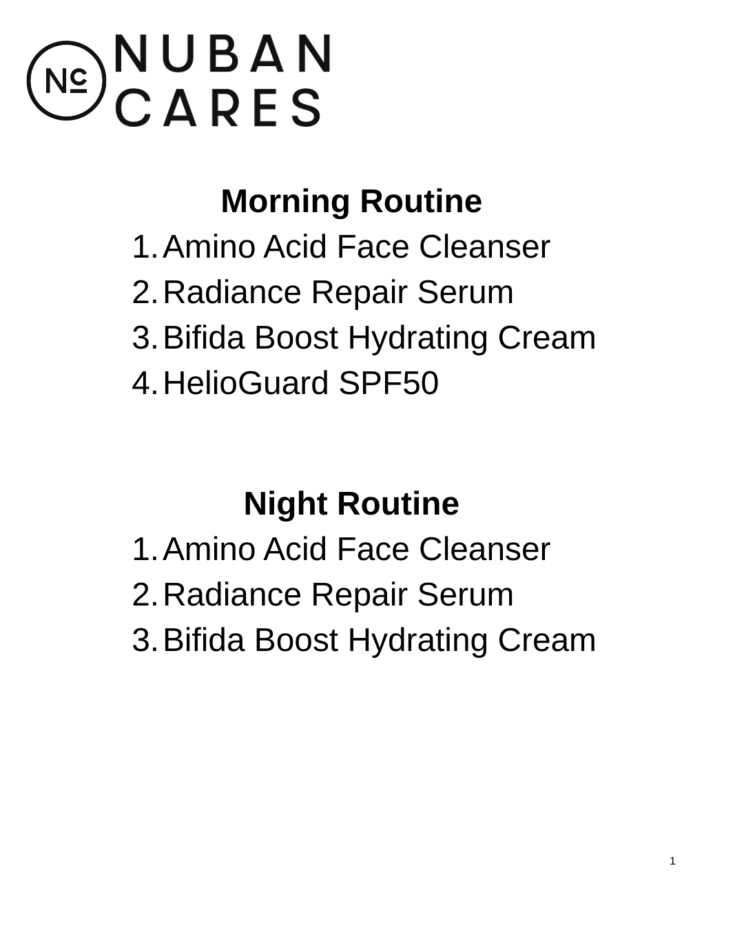 Nuban Cares skincare routine list on a white background