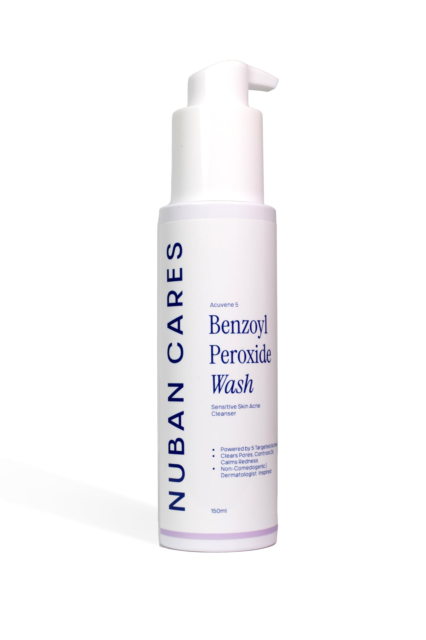 Nuban Cares Benzoyl Peroxide Wash bottle on a white background -acne cleanser for sensitive skin with benzoyl peroxide and sulfur.