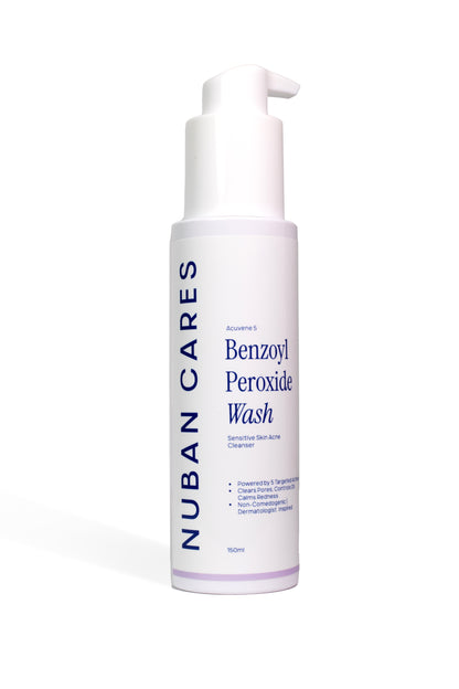 Nuban Cares Benzoyl Peroxide Wash bottle on a white background -acne cleanser for sensitive skin with benzoyl peroxide and sulfur.
