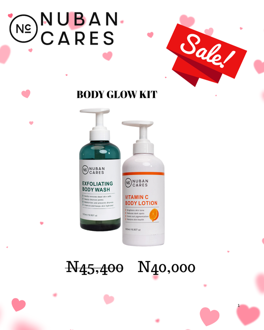 Nuban Cares body glow kit with exfoliating body wash and vitamin C body lotion on a white background with sale banner and heart shapes.