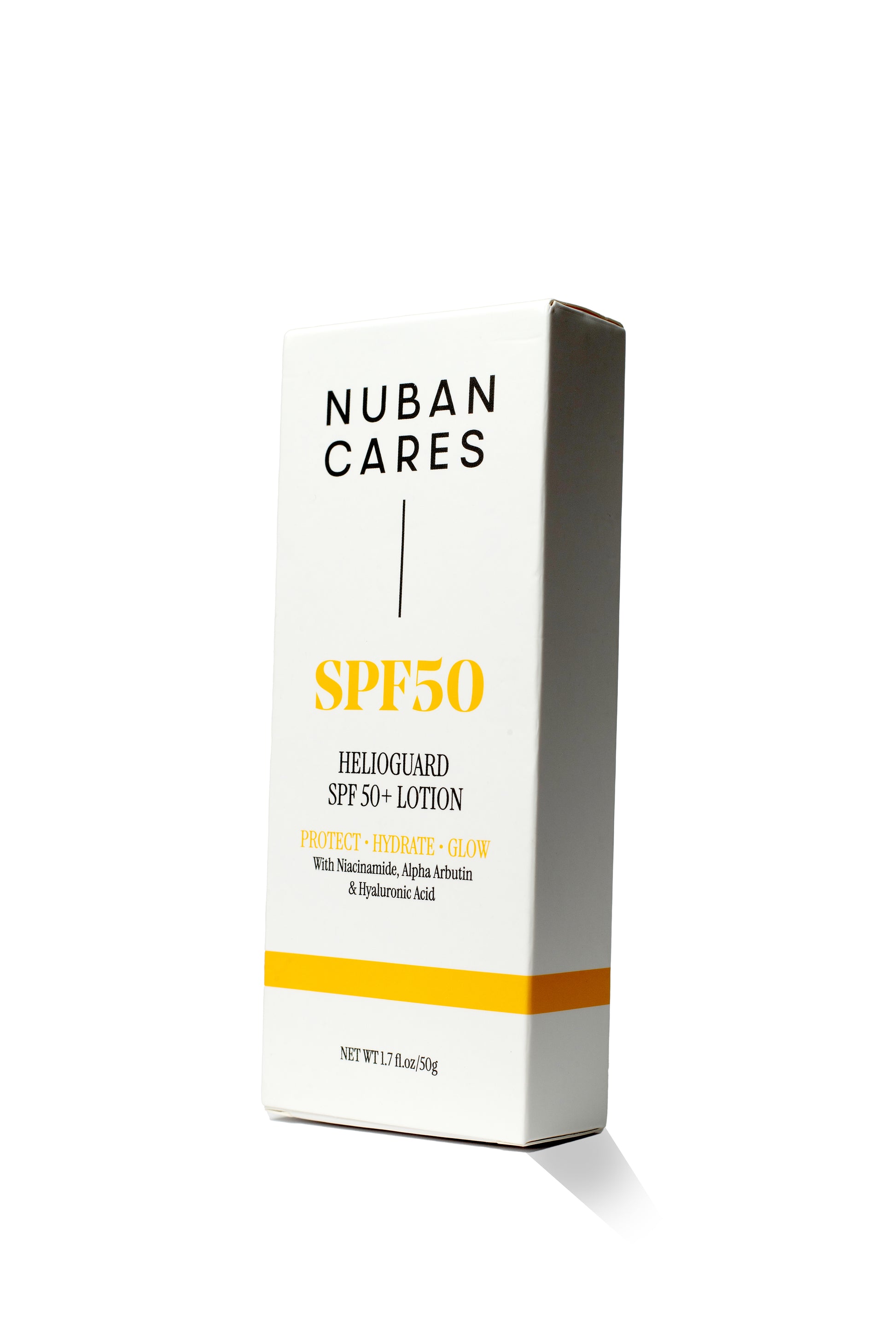 Nuban Cares SPF50 sunscreen tube on a white background. Lightweight, melanin-friendly broad-spectrum sun protection lotion with Niacinamide, Hyaluronic Acid, Alpha Arbutin.