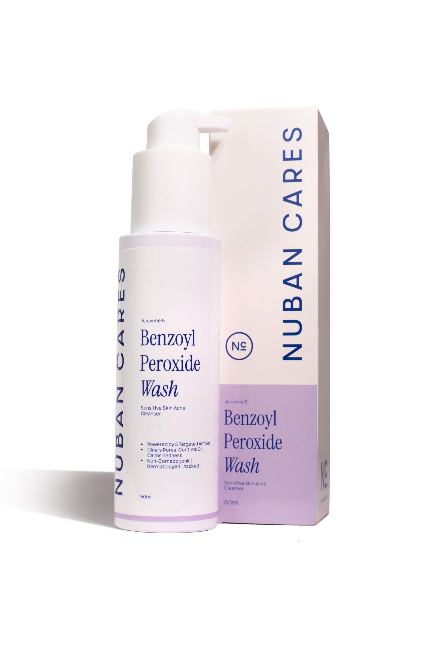 Nuban Cares Benzoyl Peroxide Wash bottle and packaging on a white background - acne cleanser for sensitive skin with benzoyl peroxide and sulfur.