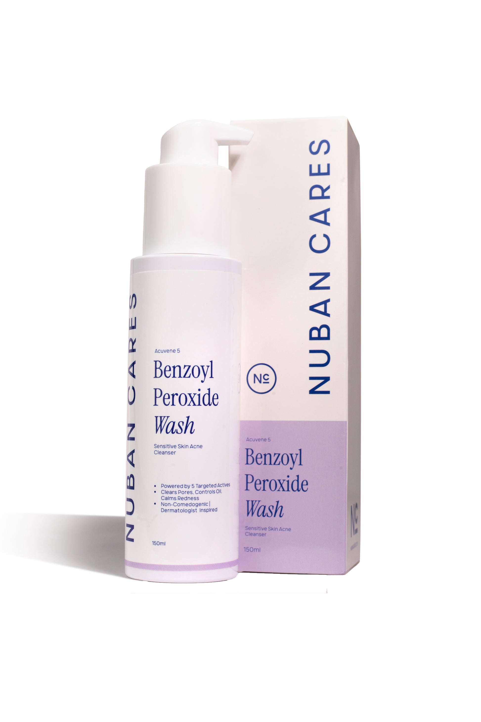 Nuban Cares Benzoyl Peroxide Wash bottle and packaging on a white background - acne cleanser for sensitive skin with benzoyl peroxide and sulfur.