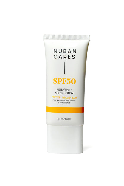 Nuban Cares SPF50 sunscreen tube on a white background. Lightweight, melanin-friendly broad-spectrum sun protection lotion with Niacinamide, Hyaluronic Acid, Alpha Arbutin.