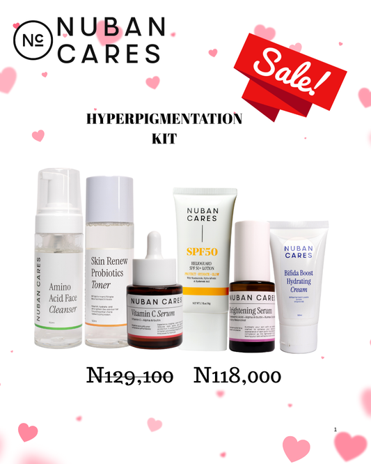 Nuban Cares hyperpigmentation kit with skincare products on a white background with pink hearts.